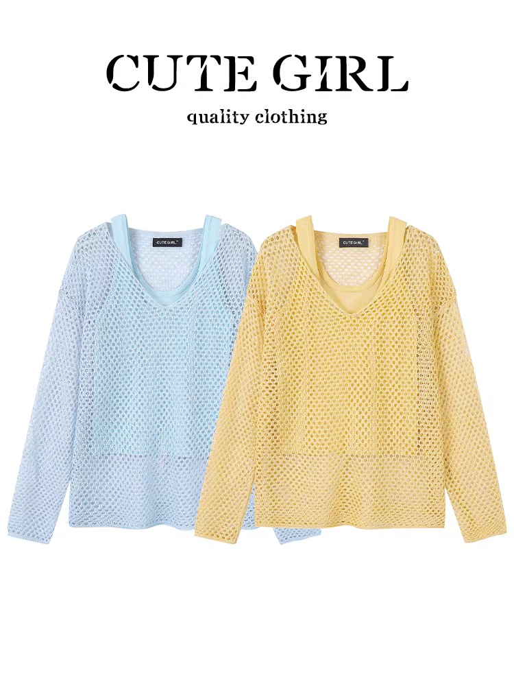 CuteGirl phong cách Hàn Quốc lười biếng khoét cổ chữ V dài tay chống nắng áo sơ mi nữ mùa hè áo yếm hai dây lớp nền bộ hai món