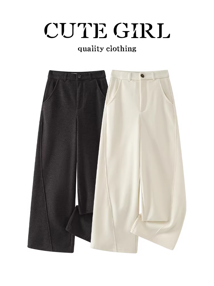 Quần ống đứng bằng len màu trắng sữa phong cách Hàn Quốc dành cho nữ, mùa thu đông, thanh lịch, thon gọn, đa năng, quần ống rộng lót lông cừu