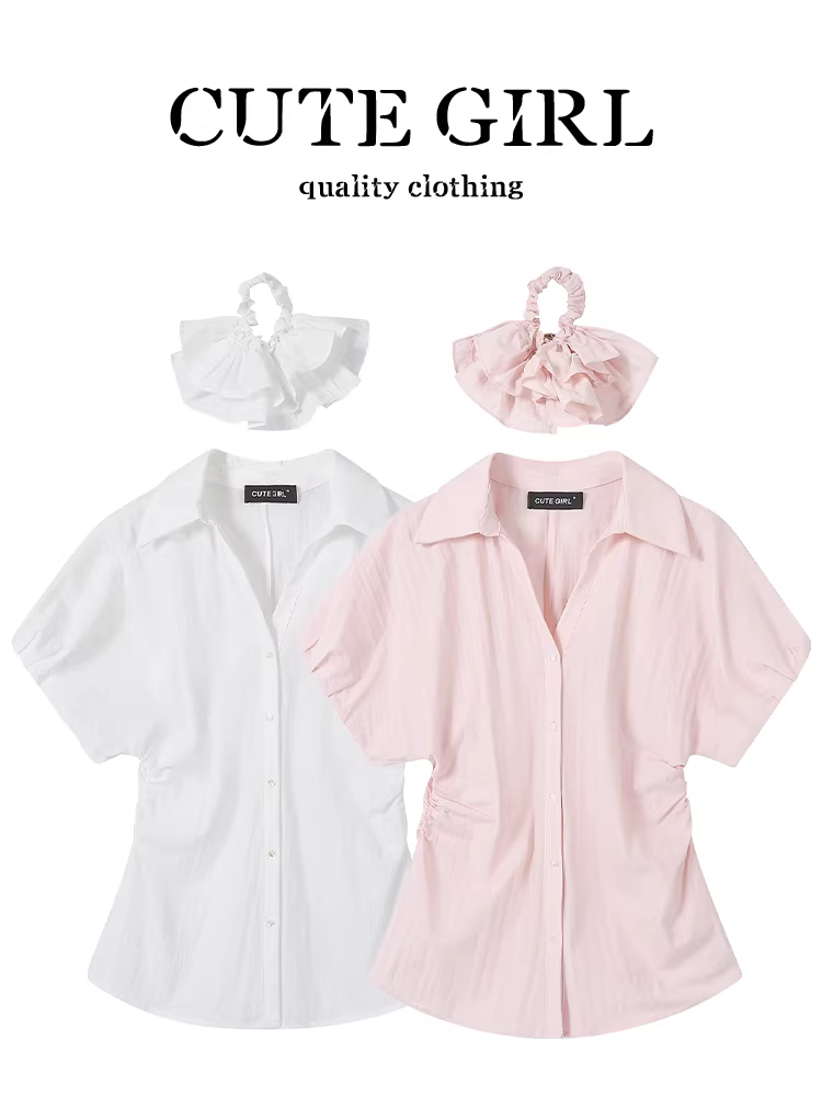 Áo sơ mi ngắn tay cổ chữ V eo thon màu hồng trẻ trung phong cách Pháp dành cho nữ, áo kiểu tay phồng sang trọng mùa hè