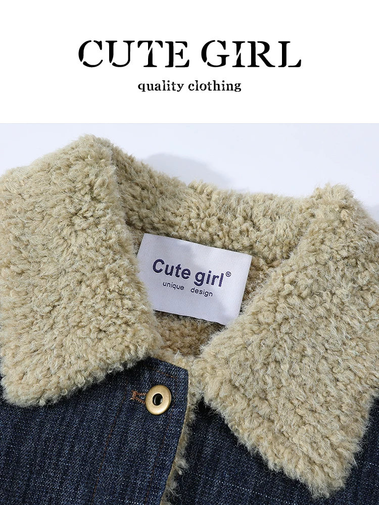 Áo khoác denim lót nhung cổ điển Hàn Quốc của CuteGirl dành cho nữ, thiết kế thu đông, áo khoác dáng rộng, giản dị, đa năng và ấm áp