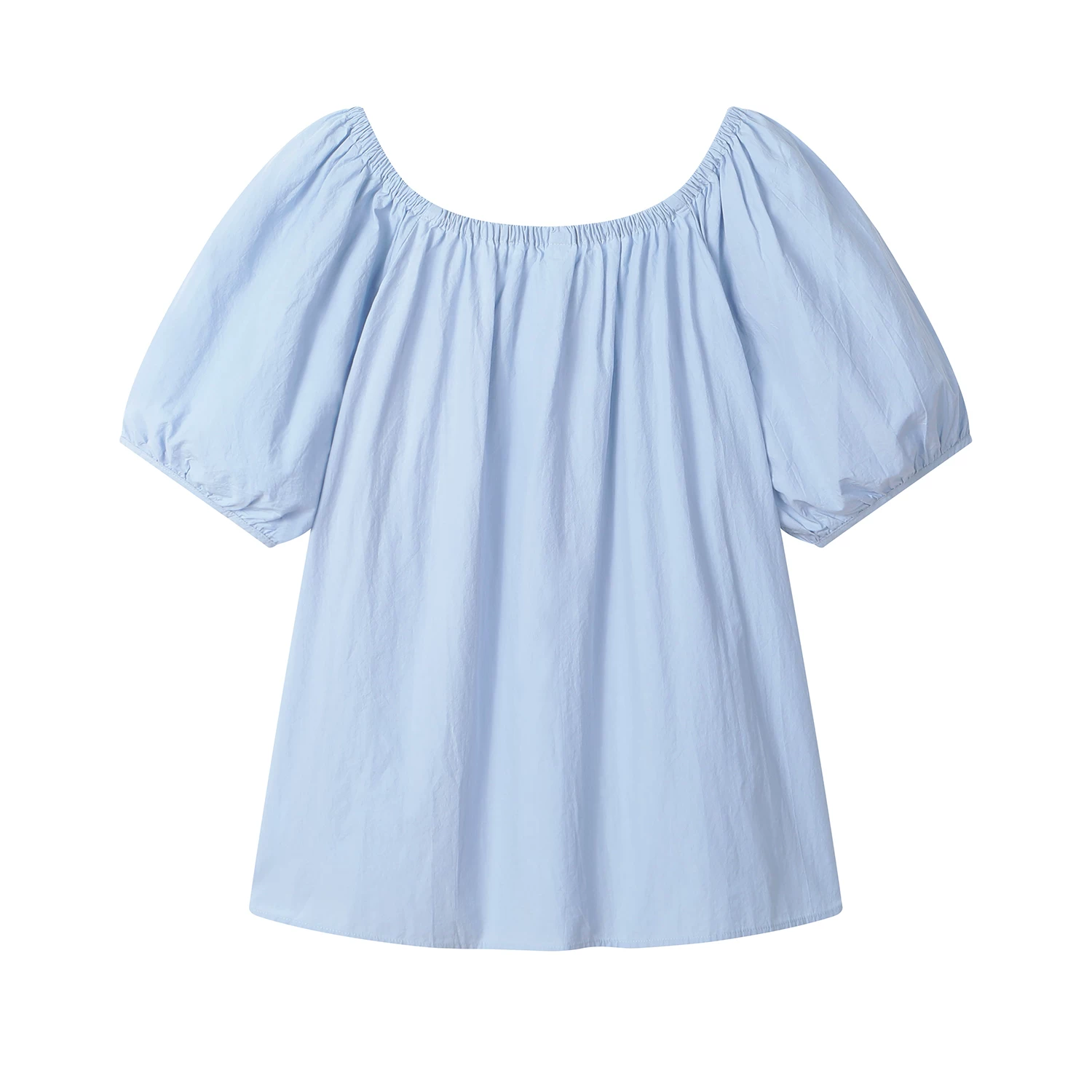 Áo sơ mi chui đầu màu xanh xếp ly cổ tròn buộc dây phong cách Hàn Quốc dành cho nữ, áo sơ mi babydoll dáng rộng mùa hè.