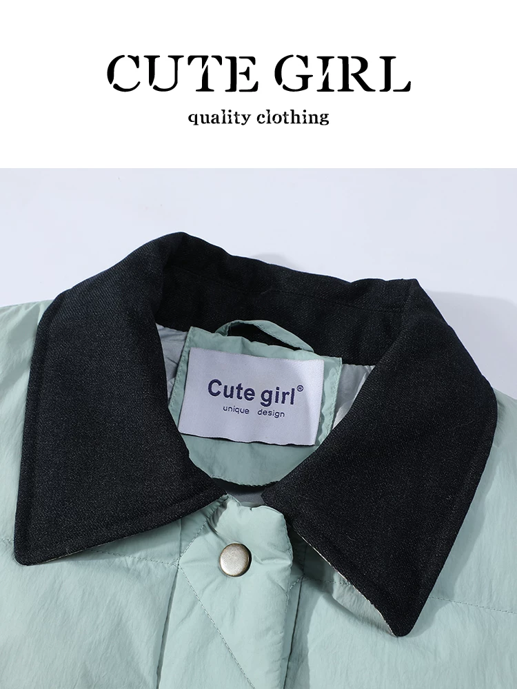 Áo khoác dài vừa phải có cổ phối màu cao cấp của CuteGirl dành cho nữ, mùa thu, dáng nhỏ nhắn, áo khoác rộng rãi và đa năng