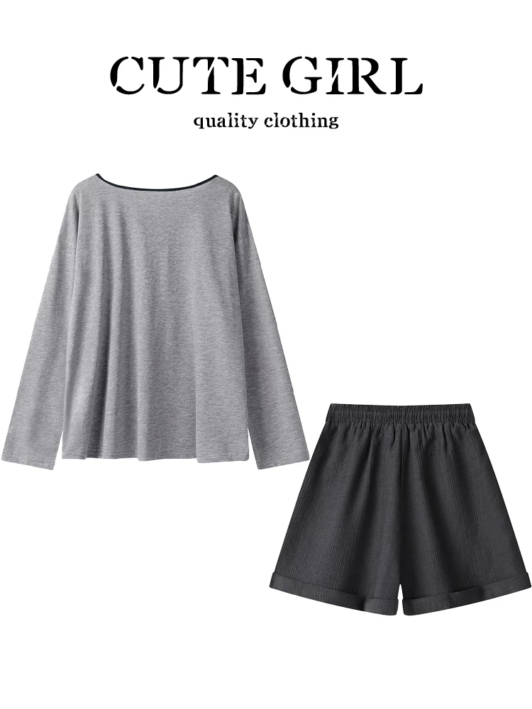 Trang phục mùa hè tuyệt đẹp của CuteGirl dành cho nữ: áo thun dài tay màu xám cổ điển và quần short cạp cao, bộ hai mảnh giảm tuổi tác.