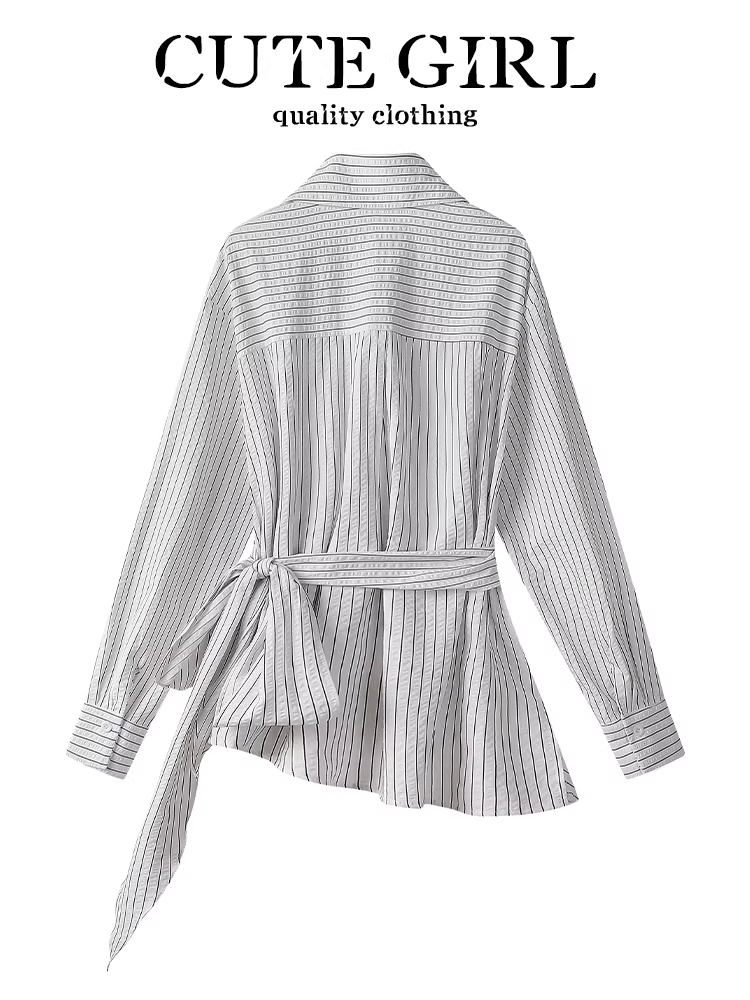 Áo sơ mi sọc không đều kiểu Pháp có dây buộc eo kiểu Pháp dành cho nữ, áo sơ mi mùa xuân độc đáo và đẹp mắt