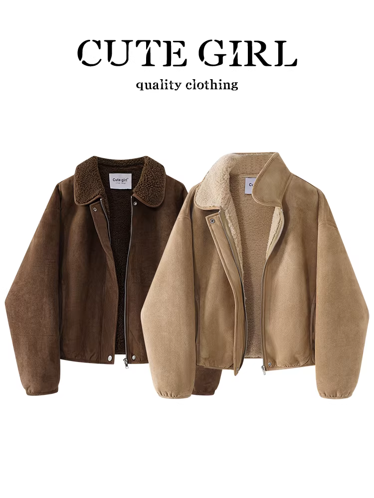 Áo khoác tích hợp lông cừu phong cách CuteGirl Barn dành cho nữ, mùa thu đông, dáng nhỏ, dáng rộng, giản dị, áo khoác đa năng