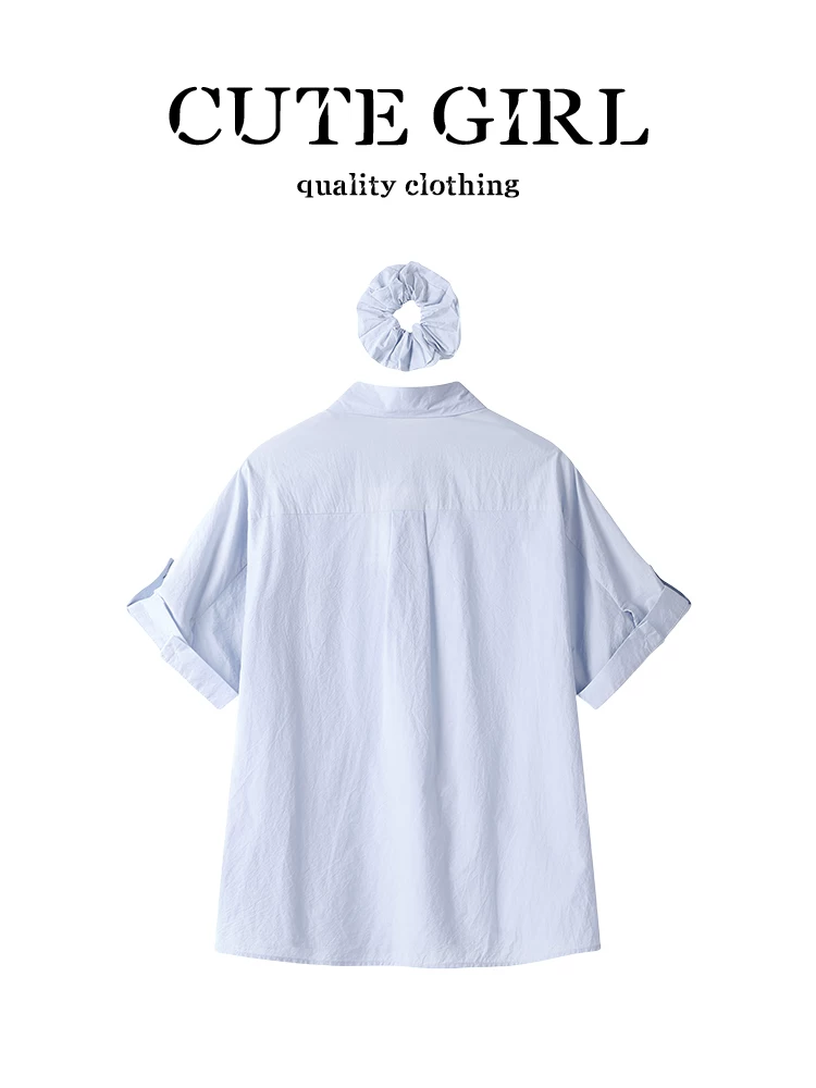 CuteGirl phong cách Hàn Quốc đơn giản thêu hình mèo áo sơ mi ngắn tay màu xanh dành cho nữ mùa hè phong cách preppy áo sơ mi ngắn giảm tuổi tác