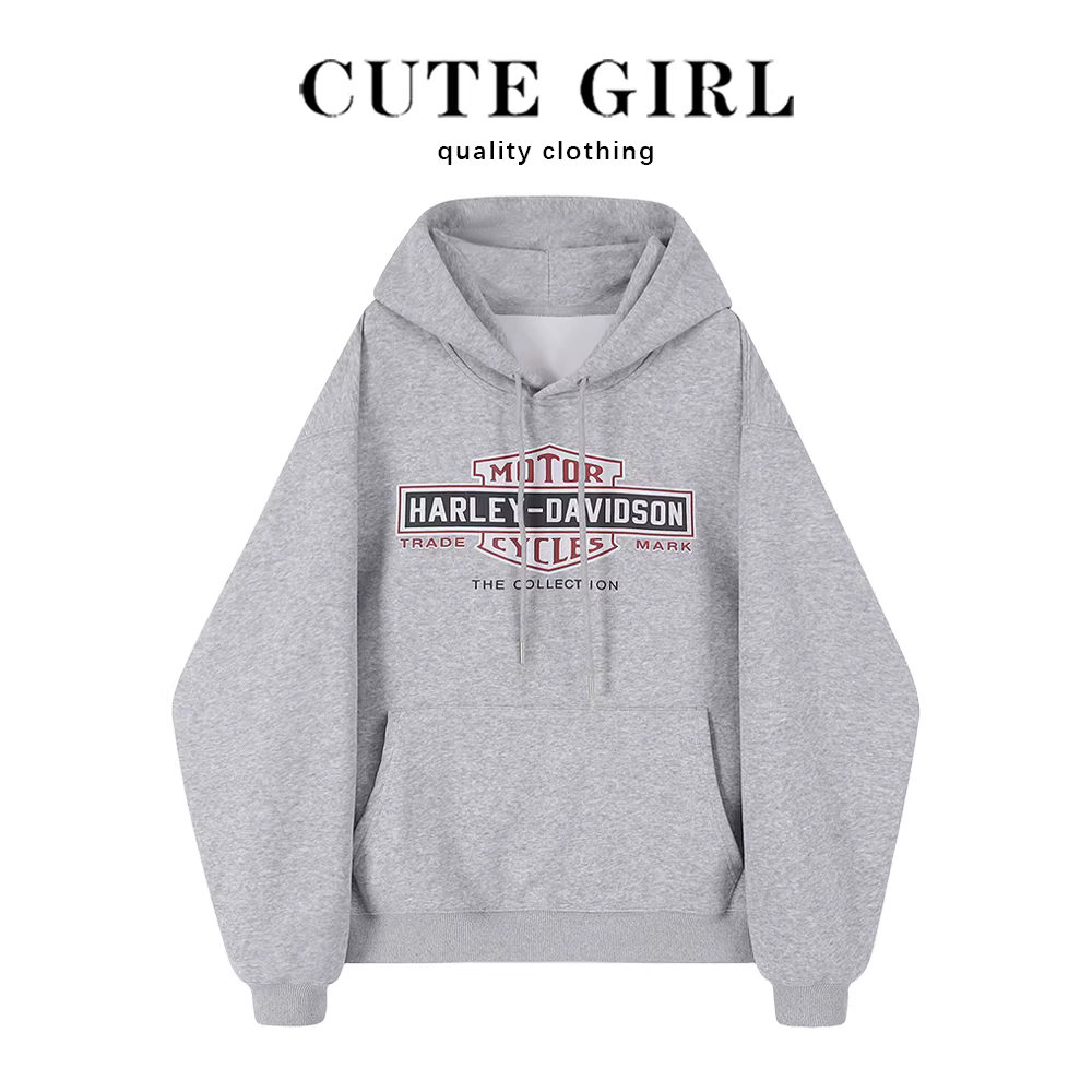 Áo nỉ dày có mũ trùm đầu màu xám cao cấp của CuteGirl dành cho nữ, mùa xuân và mùa thu, phong cách lười biếng, áo khoác in chữ rộng rãi