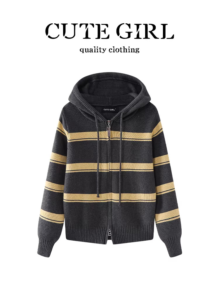 Áo len có mũ trùm đầu sọc đôi thời trang CuteGirl dành cho nữ, mùa đông, thanh lịch, dáng rộng, giản dị, đa năng, áo độc đáo