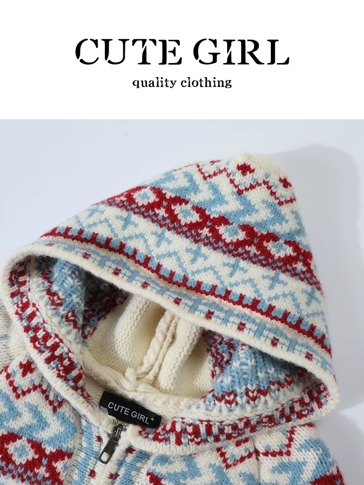 Áo khoác len có mũ trùm đầu kiểu Fair Isle phong cách Hàn Quốc dành cho nữ, phong cách Giáng sinh mùa thu đông, dáng rộng và đa năng, áo len cardigan mềm mại và ấm cúng.