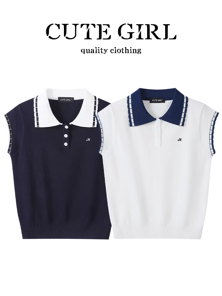 CuteGirl phong cách Hàn Quốc màu sắc tương phản cổ áo Polo không tay dệt kim ngắn tay dành cho nữ đầu thu cao cấp áo dáng rộng giản dị