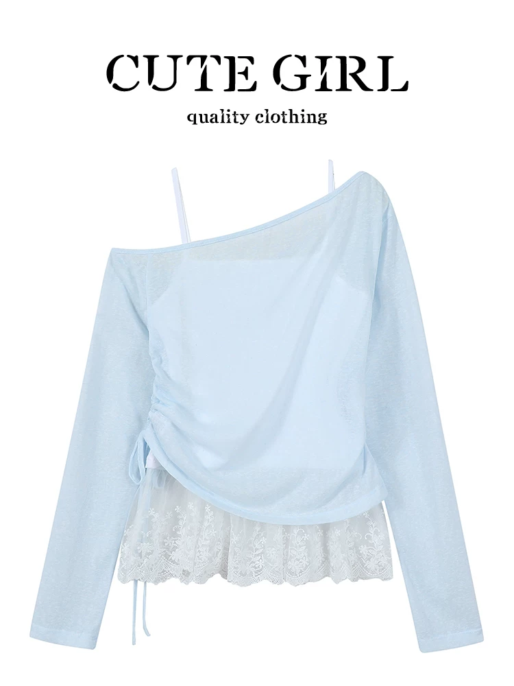 Áo camisole ren phong cách thuần khiết của CuteGirl dành cho nữ, bộ hai mảnh áo khoác len chống nắng phối ren xếp lớp mùa hè