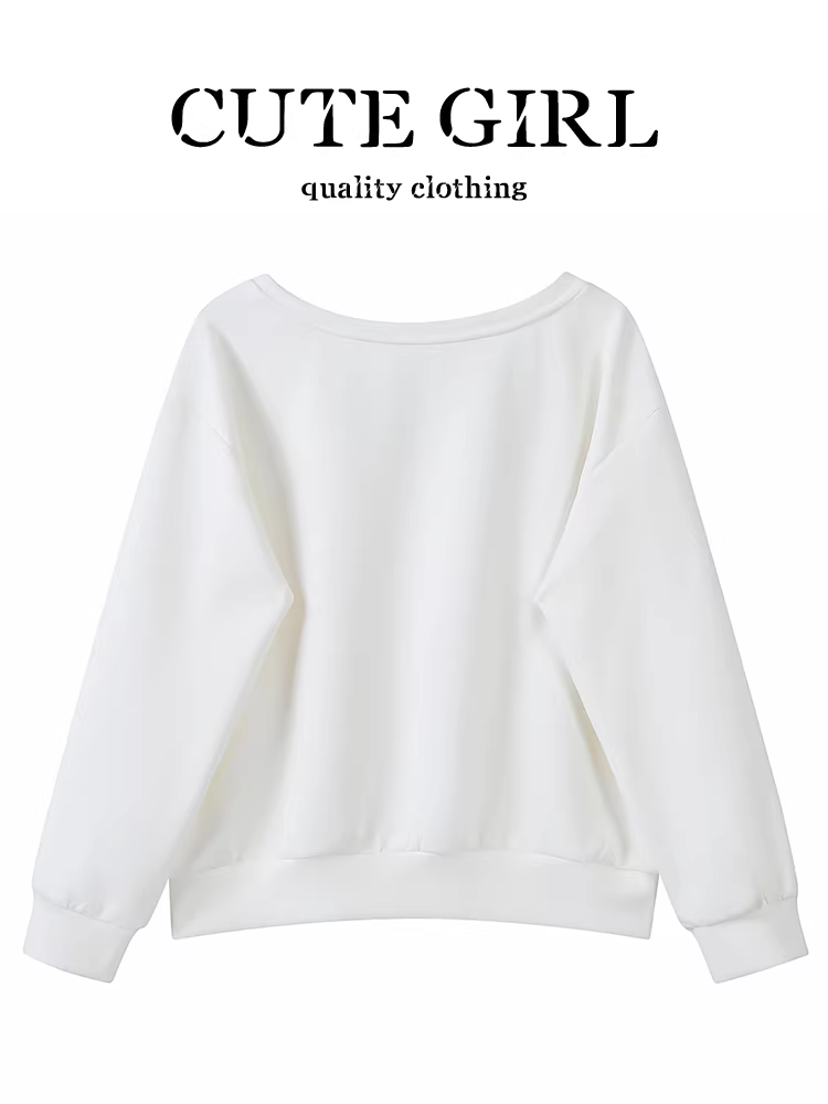 Áo len cổ tròn in chữ màu trắng phong cách Hàn Quốc dành cho nữ, áo kiểu dáng lười biếng mùa thu, dáng rộng, đa năng