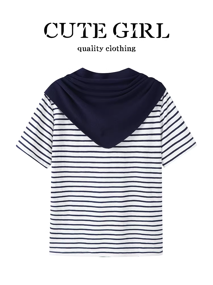 Áo thun ngắn tay kiểu dáng Hàn Quốc màu sắc phối sọc dễ thương dành cho nữ, thiết kế mùa hè, dáng rộng, giản dị, đa năng