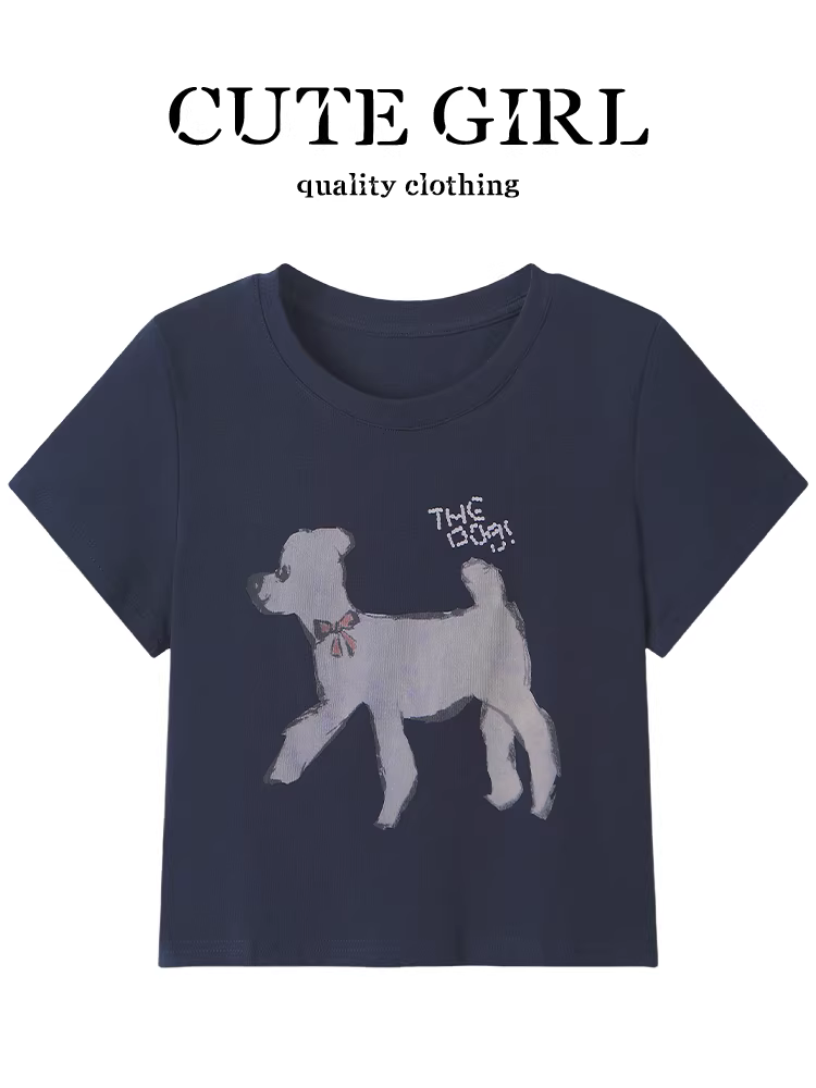 Áo thun ngắn tay in hình chú chó con dễ thương màu xanh hải quân nhỏ xinh dành cho nữ trong mùa hè, áo ngắn giảm tuổi độc đáo