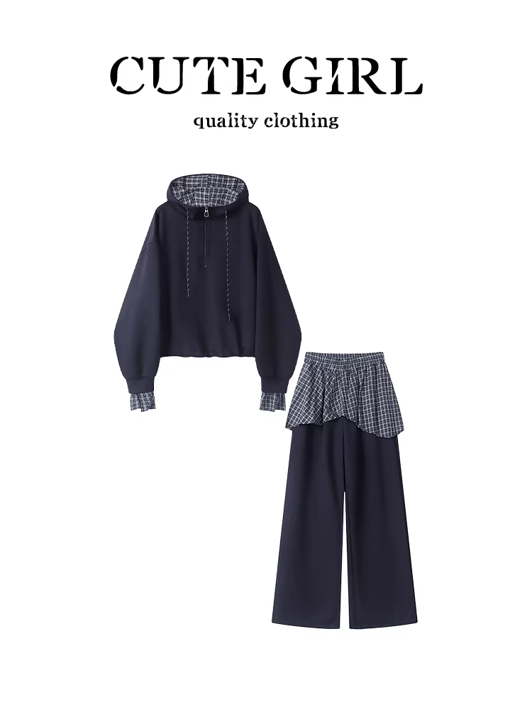 Trang phục hoàn chỉnh theo phong cách CuteGirl cho phụ nữ trong mùa thu, áo nỉ có mũ trùm đầu màu xanh với bộ quần dài có dây rút