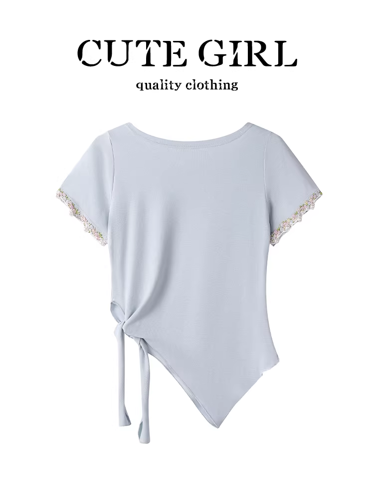 Áo thun ngắn tay màu xanh thêu đính cườm phong cách Hàn Quốc dành cho nữ mùa hè có dây buộc eo bất đối xứng