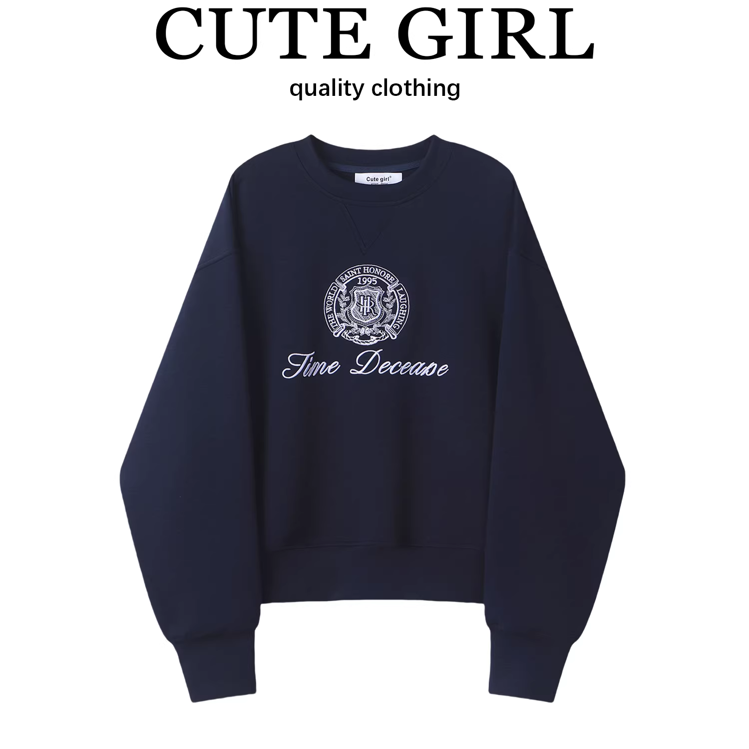 CuteGirl Mỹ phong cách retro màu xanh hải quân in chữ áo len nữ mùa thu dáng rộng cổ tròn áo thun dài tay