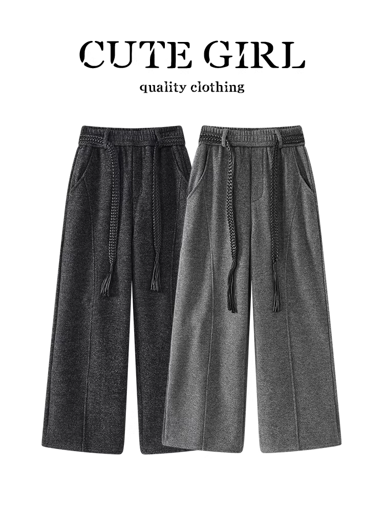 Quần ống rộng có lót lông cừu lấy cảm hứng từ thiết kế CuteGirl dành cho nữ, mùa thu đông, quần ống thẳng đa năng, kiểu dáng thời trang, rộng rãi, tôn dáng.
