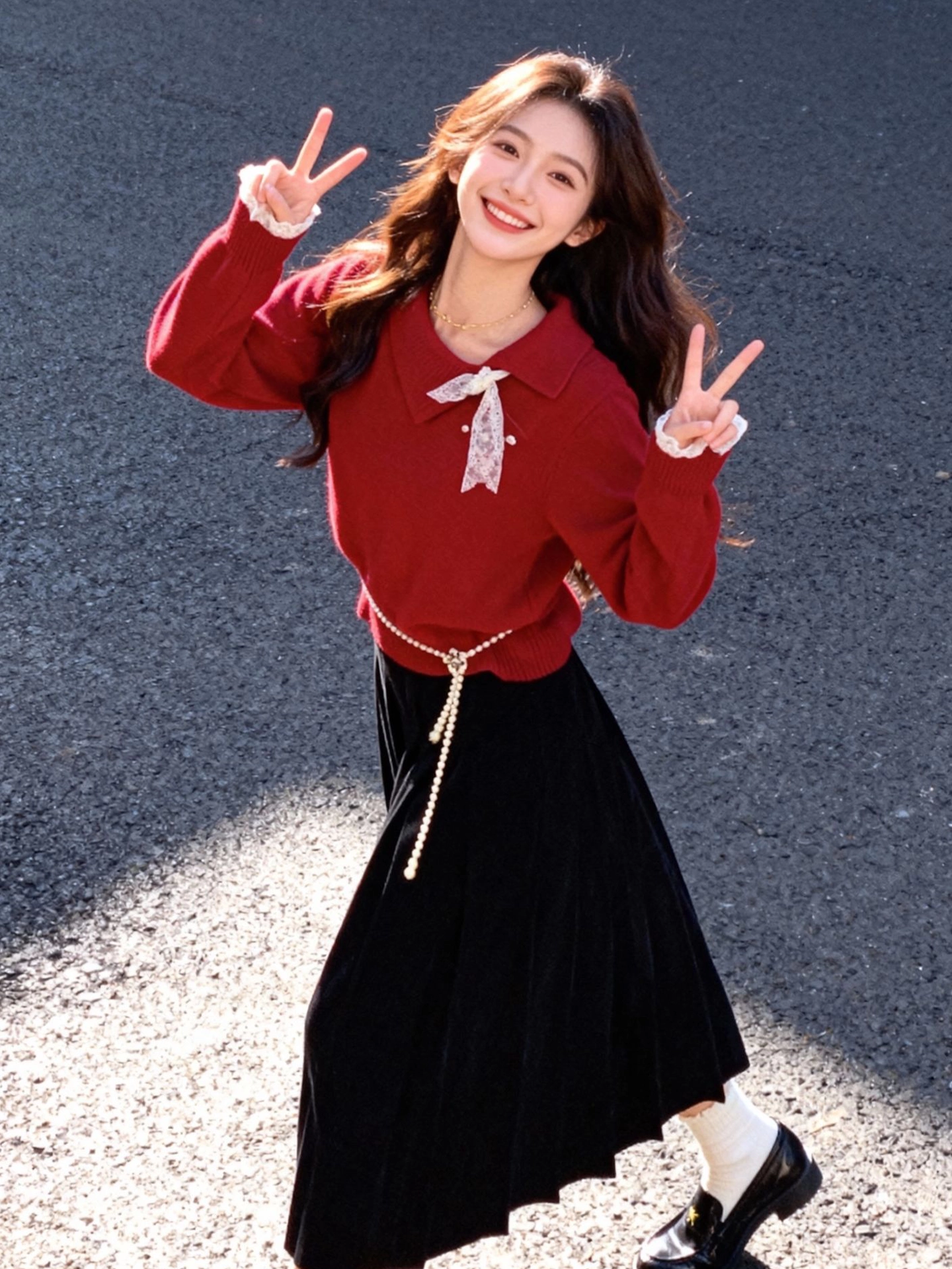 CuteGirl Áo len chui đầu cổ polo màu đỏ sang trọng phong cách Hàn Quốc dành cho nữ mùa đông Giáng sinh Trang phục năm mới áo dệt kim
