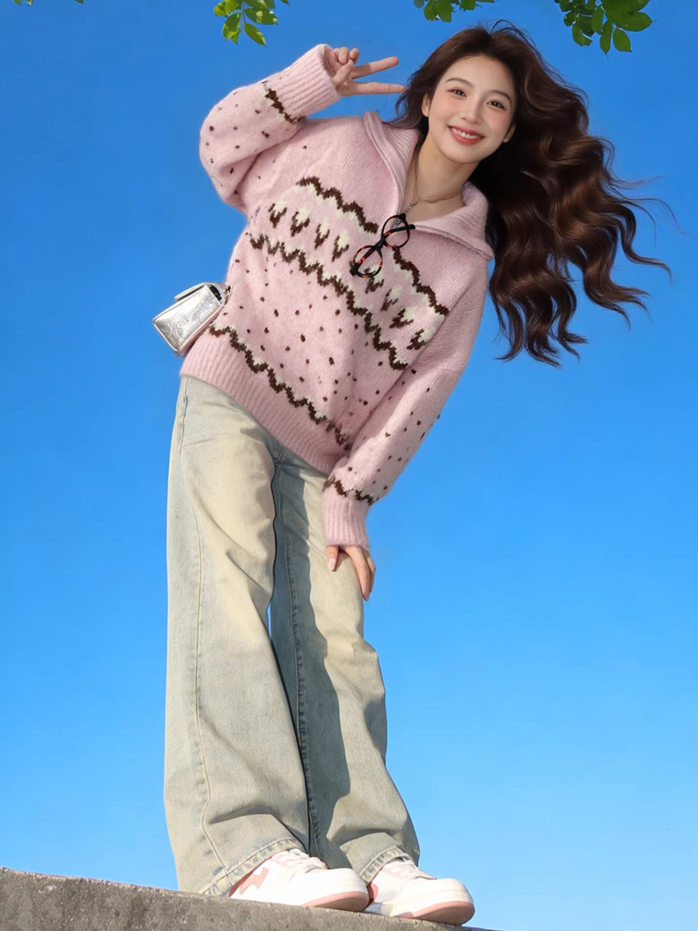 Áo len cổ lọ nửa khóa kéo màu hồng phong cách Hàn Quốc của CuteGirl dành cho nữ, áo len dáng rộng cổ điển mùa đông