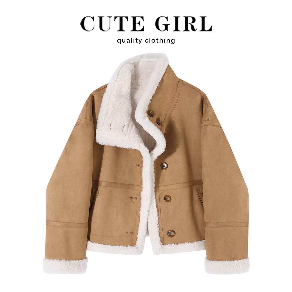 Áo khoác len cừu CuteGirl dành cho nữ, kiểu mới thu đông 2025, dáng rộng và đa năng, áo khoác da tích hợp lông thú, lót lông cừu.