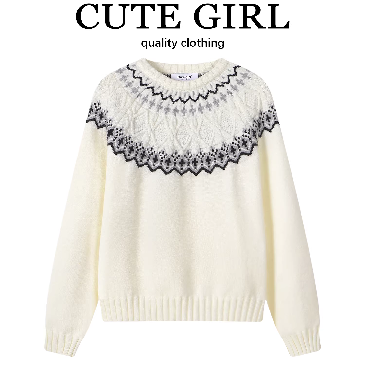 Áo len cổ tròn màu trắng nhạt kiểu dáng lười biếng của CuteGirl dành cho nữ, mùa thu đông, giảm tuổi tác, giản dị, áo dệt kim giảm béo