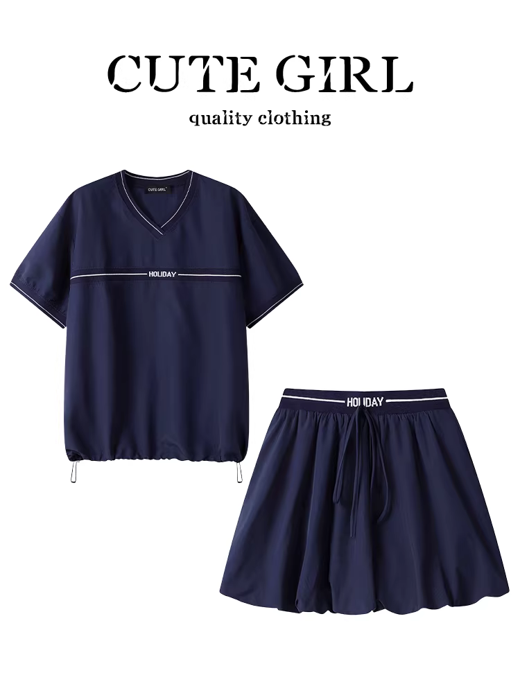 Bộ trang phục giảm tuổi tác của CuteGirl, bộ trang phục hoàn chỉnh gồm áo thun ngắn tay cổ chữ V màu tương phản thanh lịch mùa hè dành cho nữ và váy chữ A hai mảnh
