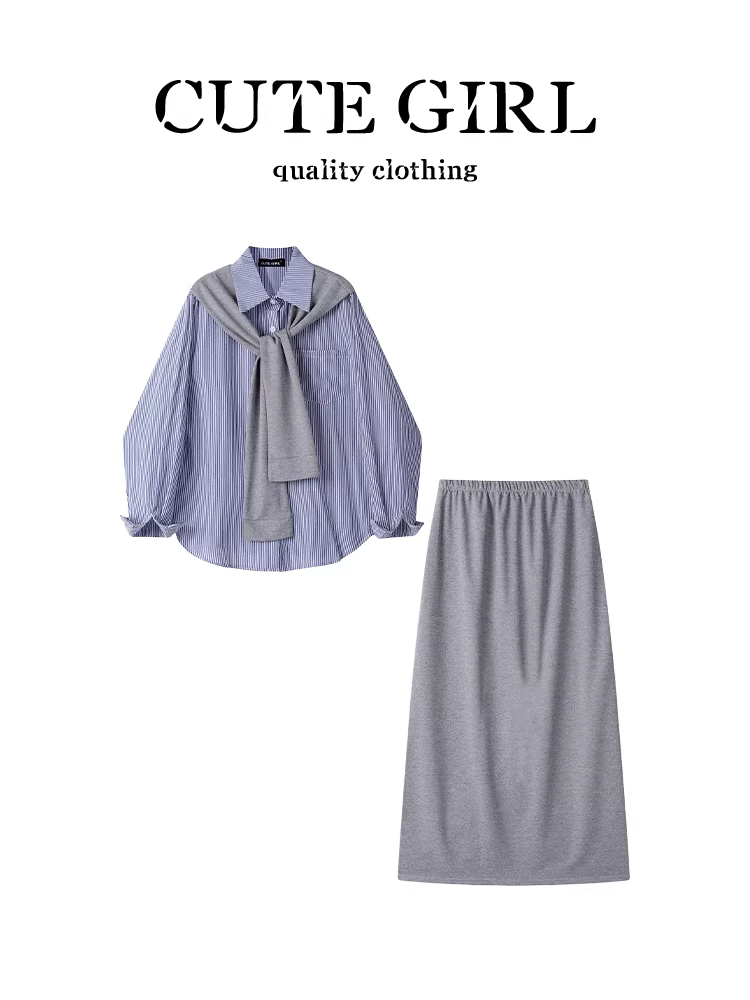 Bộ đồ cao cấp và sành điệu của CuteGirl dành cho nữ, áo sơ mi dài tay và váy hai mảnh màu xanh lam đầu thu