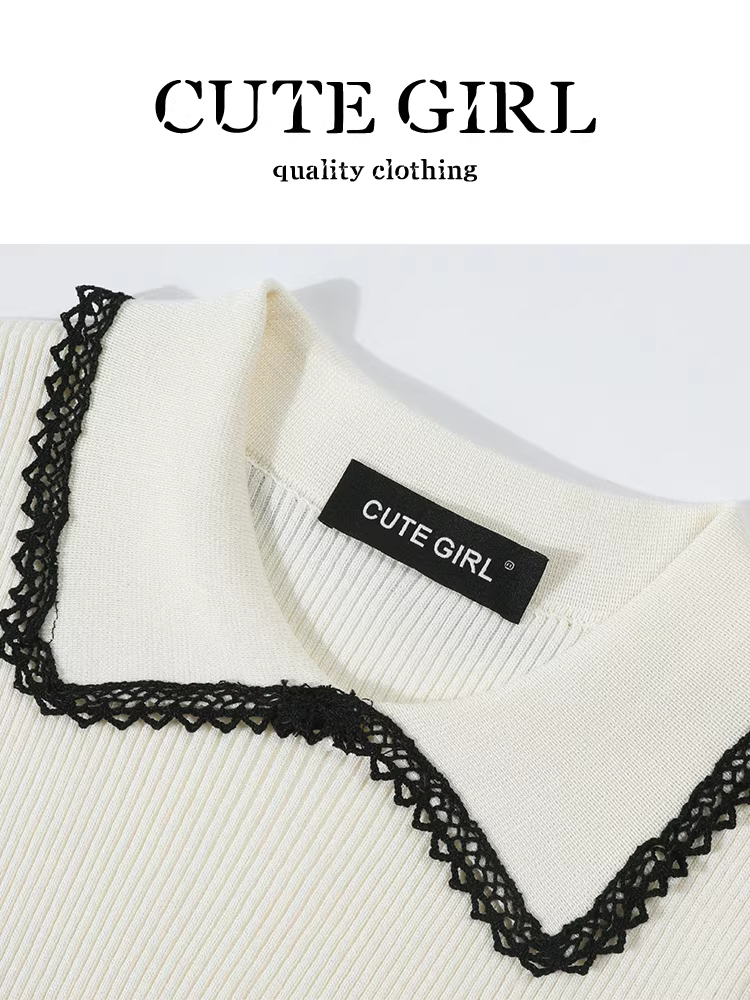 Áo dệt kim ngắn tay cổ búp bê phong cách dễ thương dành cho nữ, thiết kế đầu thu, ôm eo, giảm béo, áo độc đáo