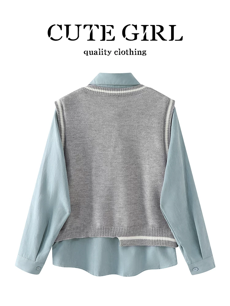 Thiết kế của CuteGirl là áo vest dệt kim màu xám bất đối xứng dành cho nữ, bộ hai mảnh áo sơ mi cổ polo dài tay mùa thu