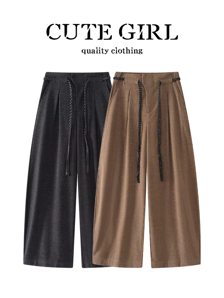 Quần ống rộng màu nâu phong cách CuteGirl dành cho nữ, mùa thu đông, quần ống đứng đa năng, eo cao, thanh lịch, tôn dáng