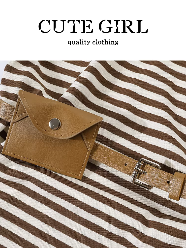 Áo kiểu dáng ôm sát, tay dài, cổ halter, sọc thời trang, phối dây lưng, đa năng, dành cho nữ, mùa thu của CuteGirl