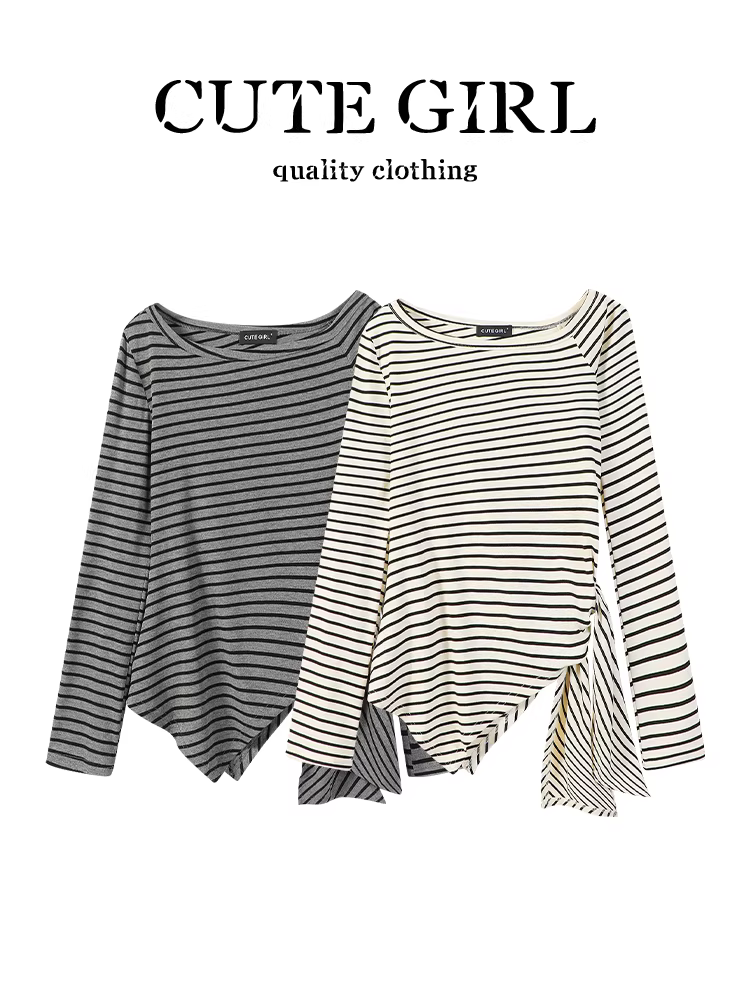 Áo thun dài tay sọc phối màu phong cách CuteGirl dành cho nữ, áo sơ mi cơ bản đa năng tôn dáng eo thon thanh lịch mùa thu