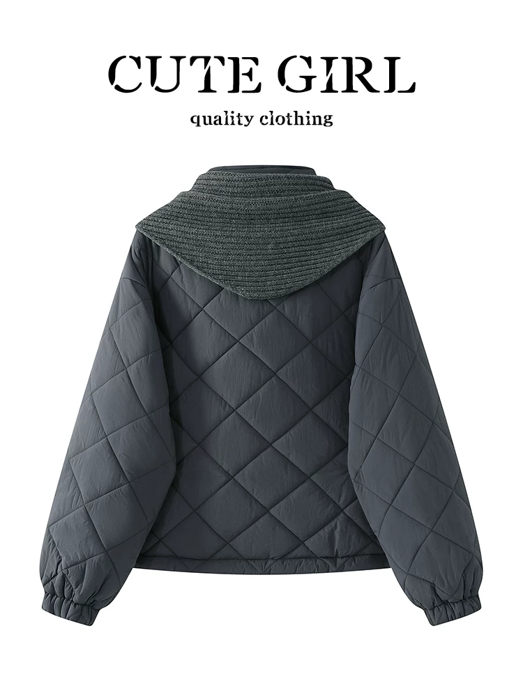 Áo khoác ngắn cổ đứng màu xám cao cấp có khăn choàng dành cho nữ, mùa thu đông, áo khoác cotton thanh lịch, rộng rãi và đa năng