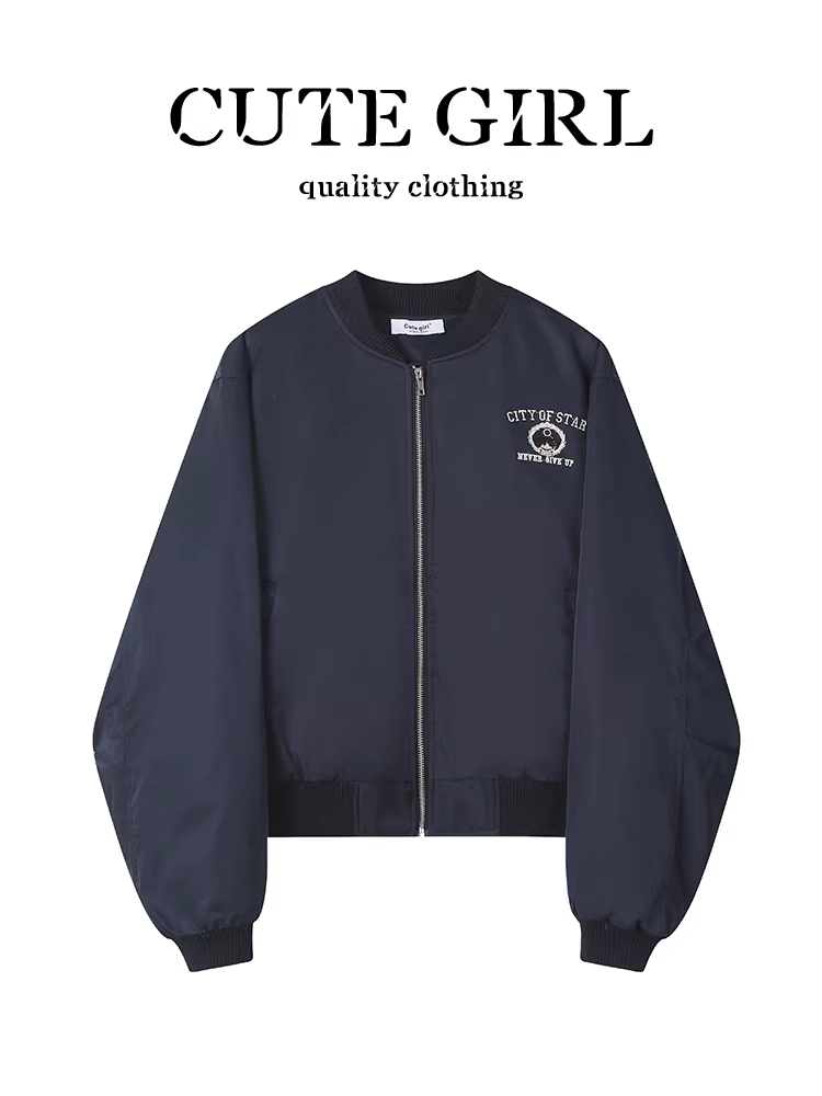 Áo khoác bóng chày thêu màu xanh kiểu Mỹ của CuteGirl dành cho nữ, mùa thu đông, phong cách preppy, áo khoác dáng rộng, giản dị, đa năng