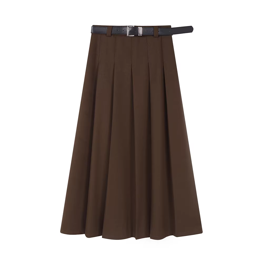 Váy chữ A dáng quả lê màu cà phê xếp ly nữ mùa thu đông 2025 kiểu retro mới dài trung bình