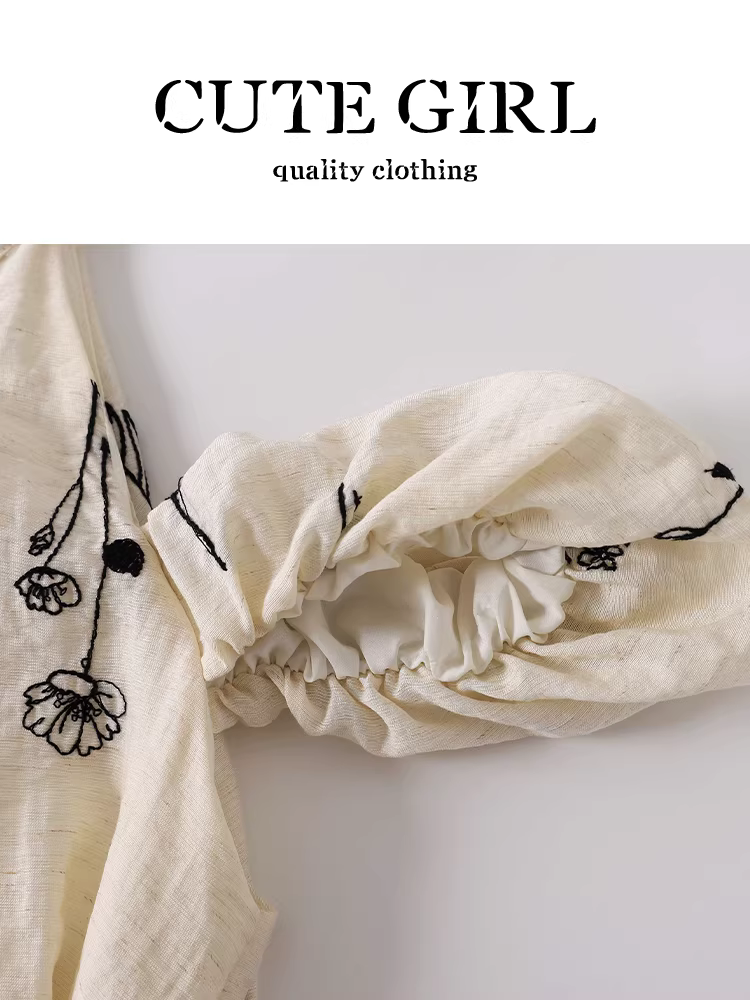 Áo sơ mi không tay cổ yếm thêu hoa phong cách resort của CuteGirl dành cho nữ trong mùa hè, áo trễ vai độc đáo và đẹp mắt