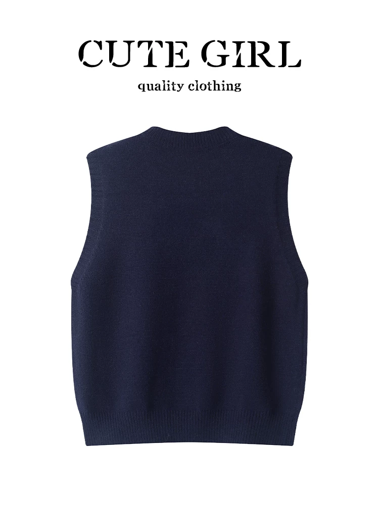 Áo vest dệt kim hình mèo màu xanh hải quân cổ điển của CuteGirl dành cho nữ, thiết kế mùa thu, áo rộng rãi và đa năng