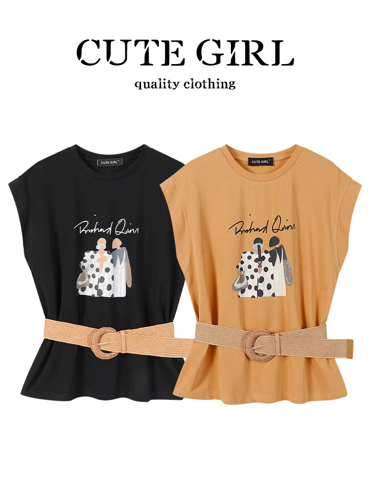 Áo thun ngắn tay không tay cổ tròn in hình hoạt hình phong cách Hàn Quốc dành cho nữ, áo thun ôm eo thiết kế độc đáo mùa hè