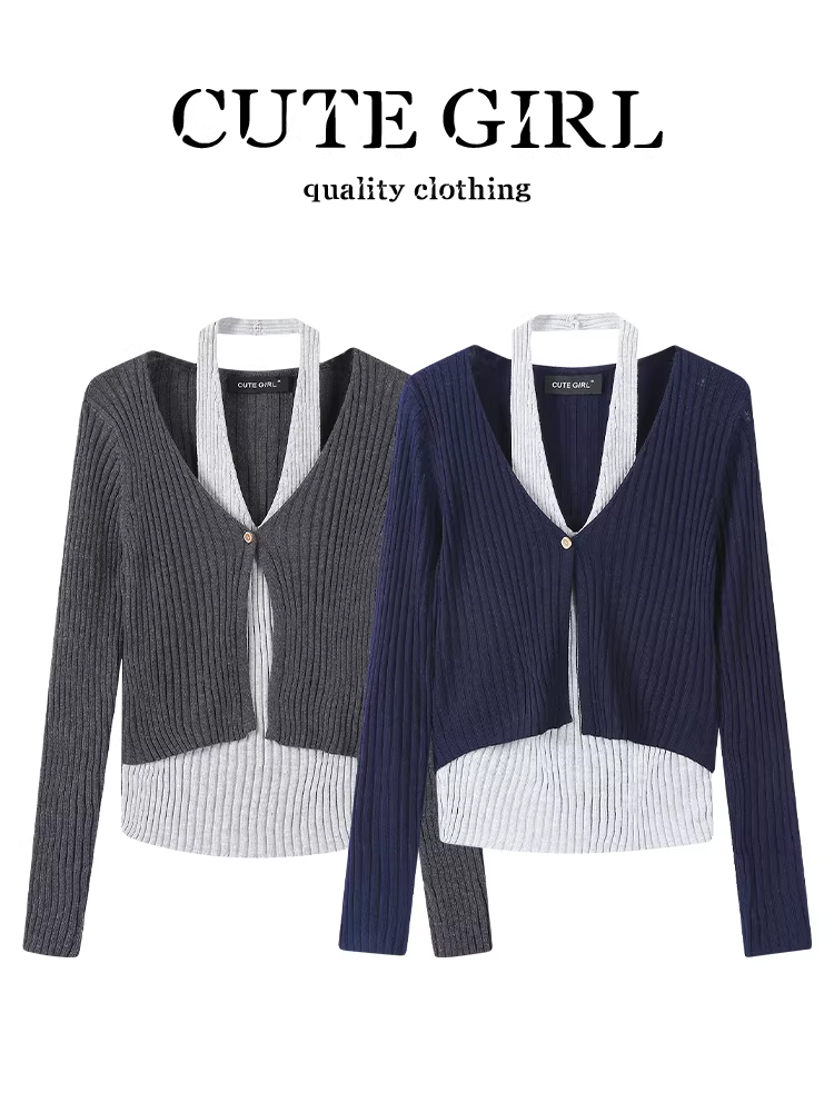 Áo dệt kim hai mảnh cổ yếm lấy cảm hứng từ thiết kế CuteGirl dành cho nữ, đầu thu, cao cấp, ôm dáng, áo đa năng