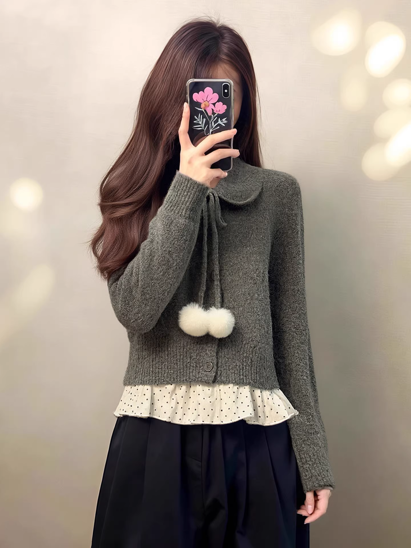 Áo len cổ búp bê màu xám kiểu dáng lười biếng dễ thương dành cho nữ mùa đông kiểu dáng cổ điển áo len đan len giảm béo