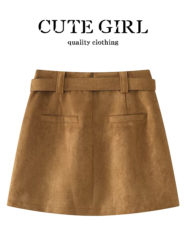 Váy thắt lưng màu cà phê cổ điển của CuteGirl dành cho nữ vào mùa thu, váy ngắn dáng rộng, giản dị, đa năng và giảm tuổi tác