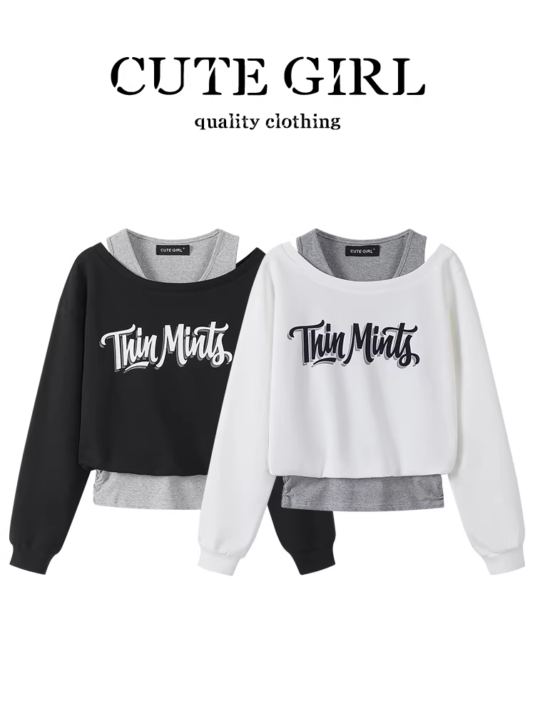 Áo len trễ vai in họa tiết giả hai mảnh lấy cảm hứng từ thiết kế CuteGirl dành cho nữ, áo kiểu dáng đơn giản, rộng rãi, đa năng, độc đáo mùa thu