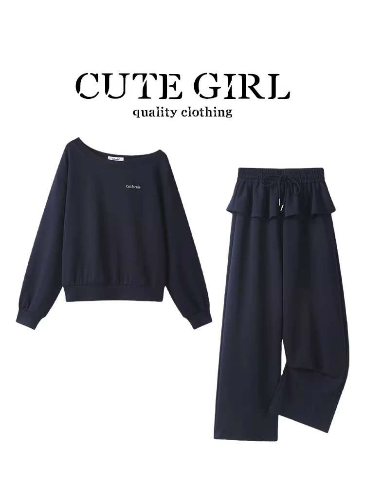 Bộ đồ hai mảnh áo thun nữ tay phồng thêu chữ CuteGirl phối quần ren buộc dây phong cách thường ngày mùa xuân