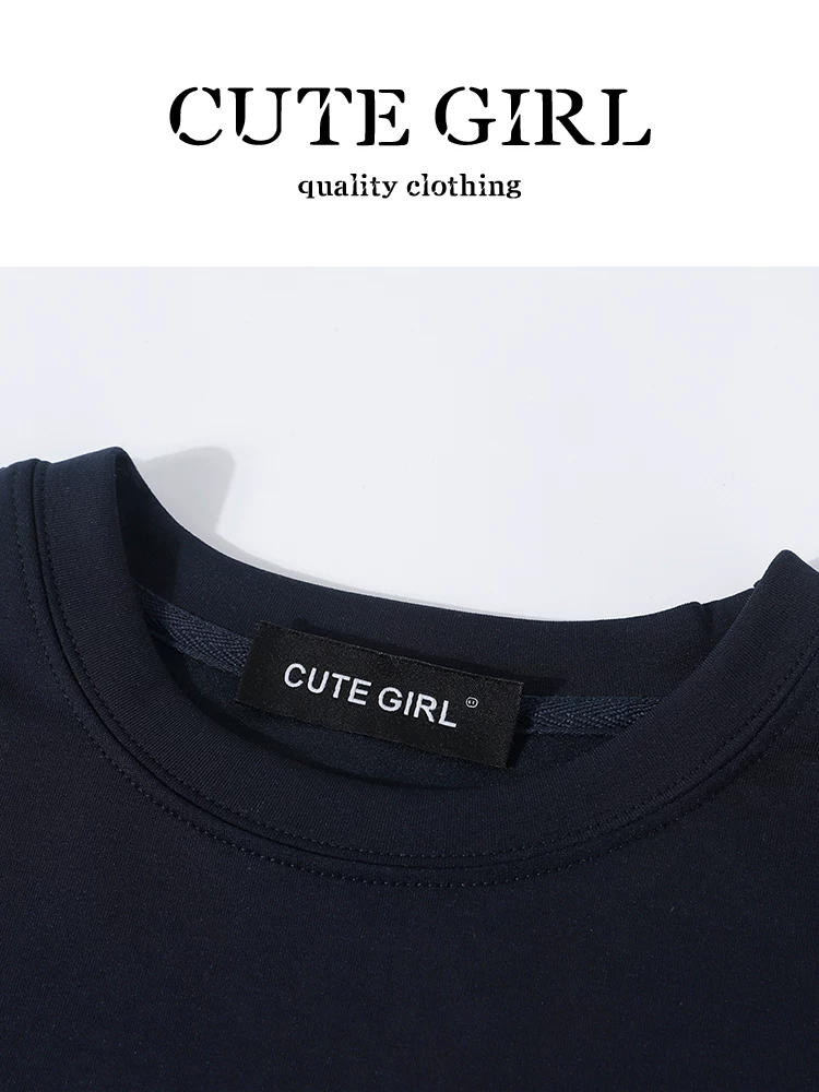 CuteGirl đầu thu Bộ đồ nhỏ đẹp phong cách Hàn Quốc dành cho nữ, áo nỉ in họa tiết màu xanh hải quân mùa thu và váy hai dây hình chữ S