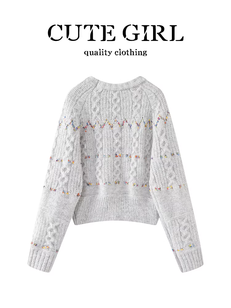 Áo len cổ tròn jacquard phối màu xám phong cách Hàn Quốc dành cho nữ, thiết kế mùa đông, dáng rộng, áo đa năng và độc đáo.