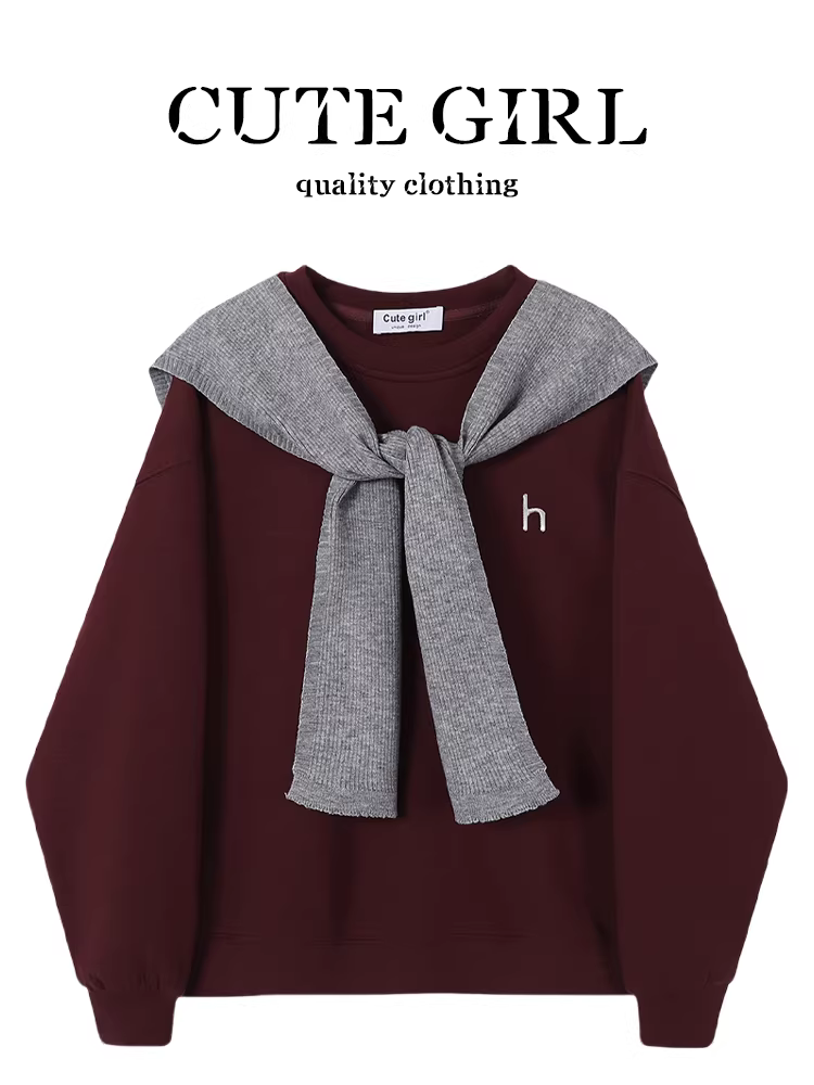 Áo len cổ tròn thêu màu đỏ phong cách lười biếng của CuteGirl dành cho nữ đầu thu áo dài tay dáng rộng