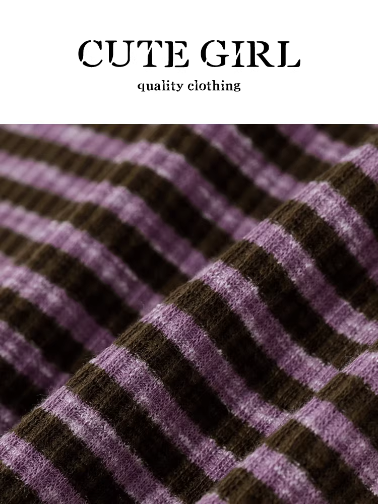 Áo thun ngắn tay trễ vai sọc tím phong cách Hàn Quốc dành cho nữ, thiết kế mùa hè, dáng ôm, áo đa năng