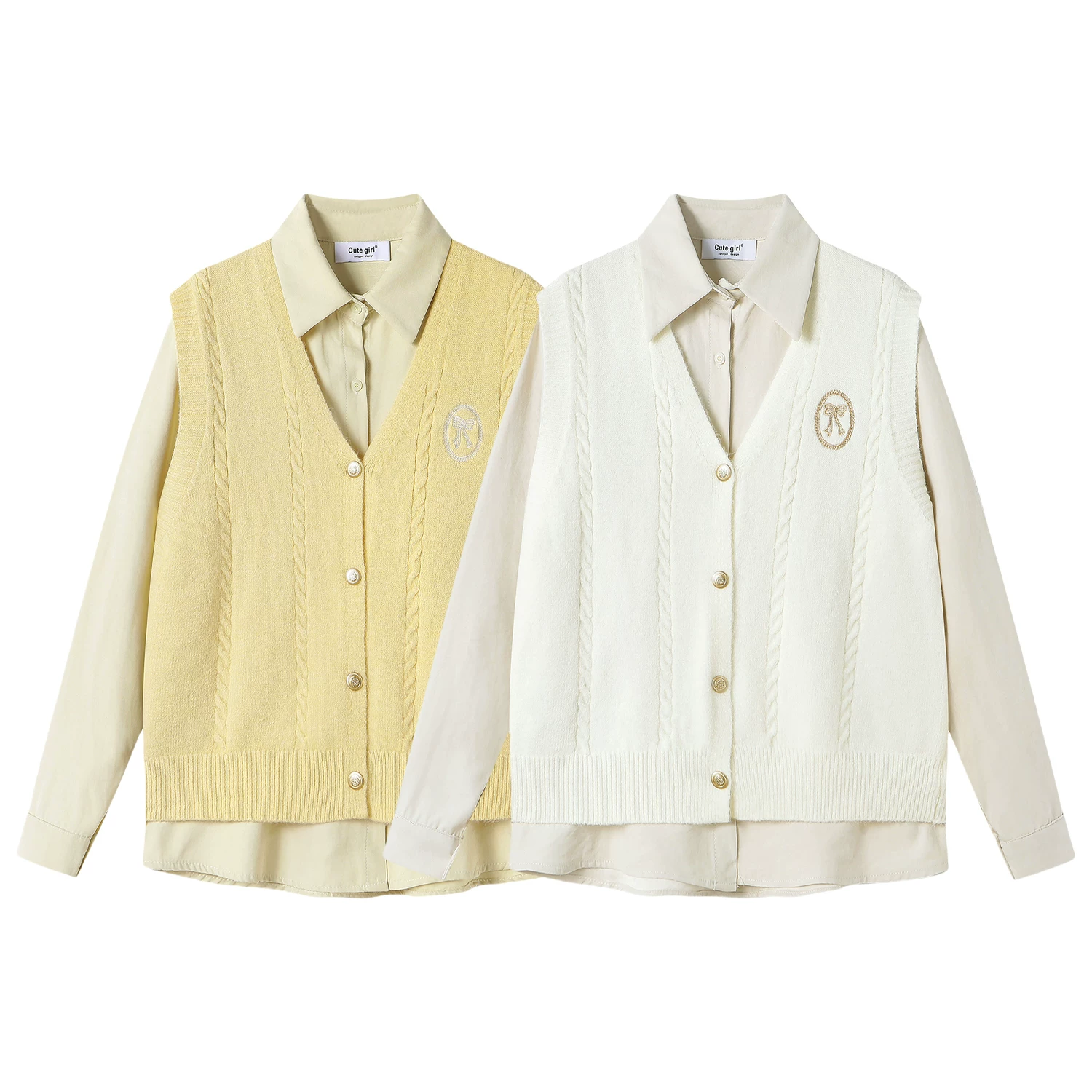 CuteGirl phong cách preppy áo vest dệt kim thêu nơ màu xám dành cho nữ mùa xuân áo sơ mi dài tay xếp lớp bộ hai món