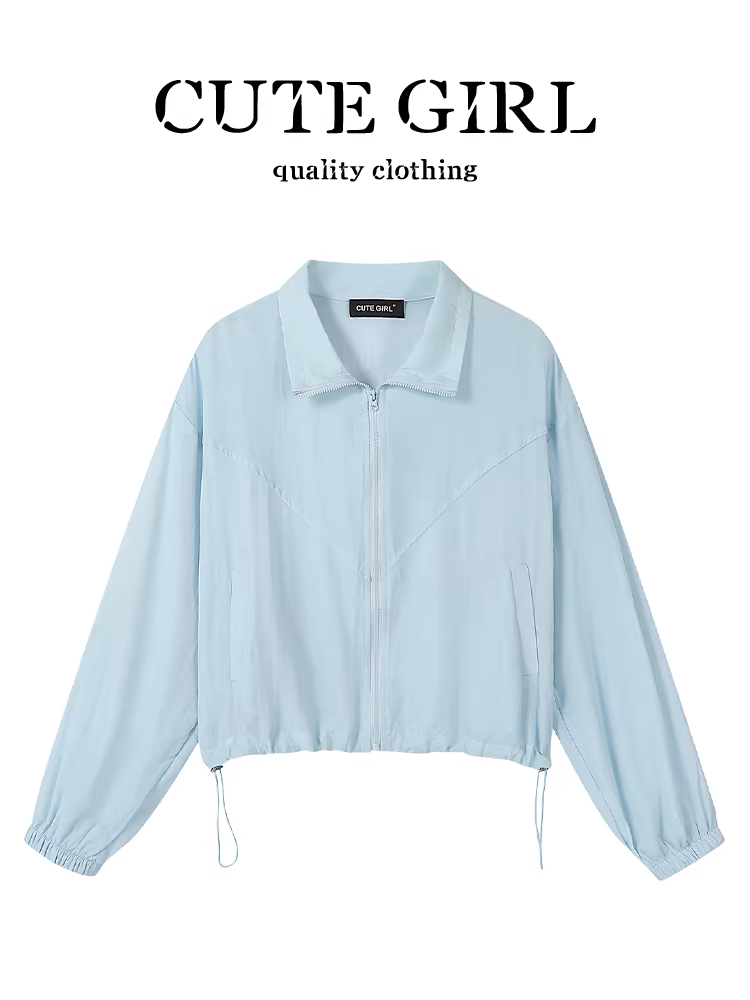 Áo khoác chống nắng có dây kéo màu xanh lam đơn giản theo phong cách Hàn Quốc dành cho nữ mùa hè ngắn áo khoác đa năng